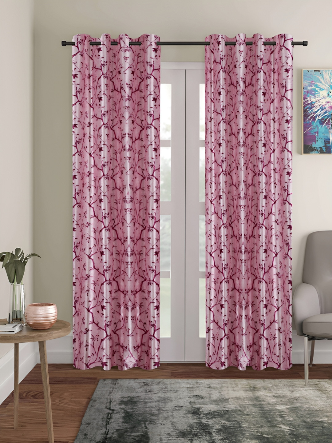ERIC LONDON Pink 2 Pieces Floral Polyester Room Darkening Door Curtains
