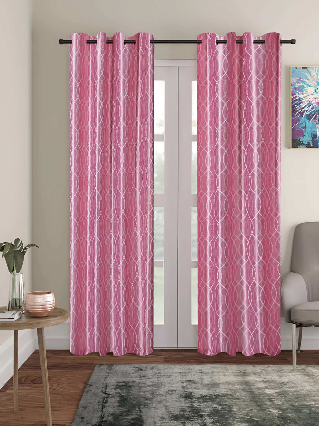 ERIC LONDON Pink & White 2 Pieces Printed Polyester Room Darkening Door Curtain
