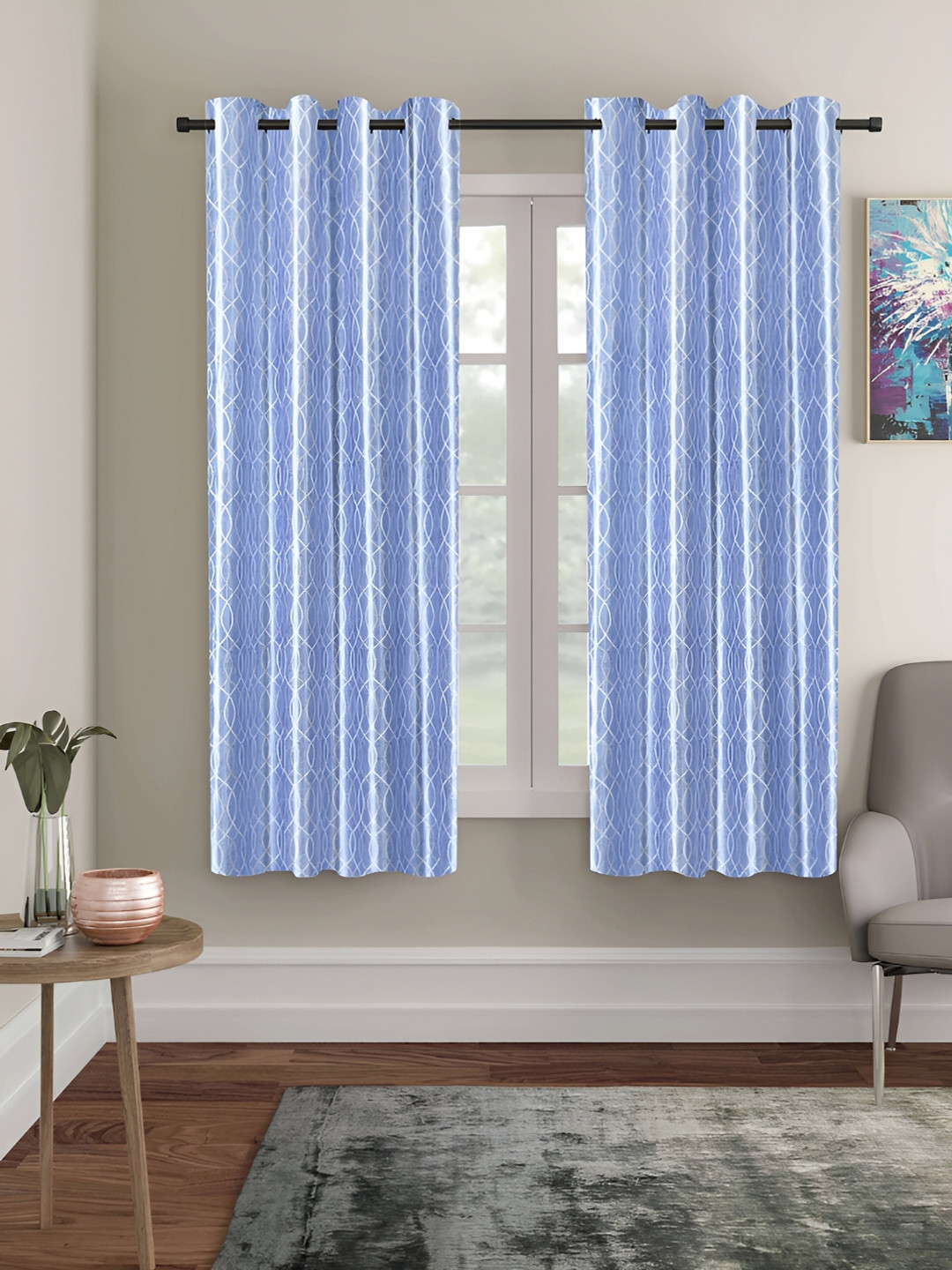 ERIC LONDON Blue & White 2 Pieces Printed Polyester Room Darkening Window Curtains