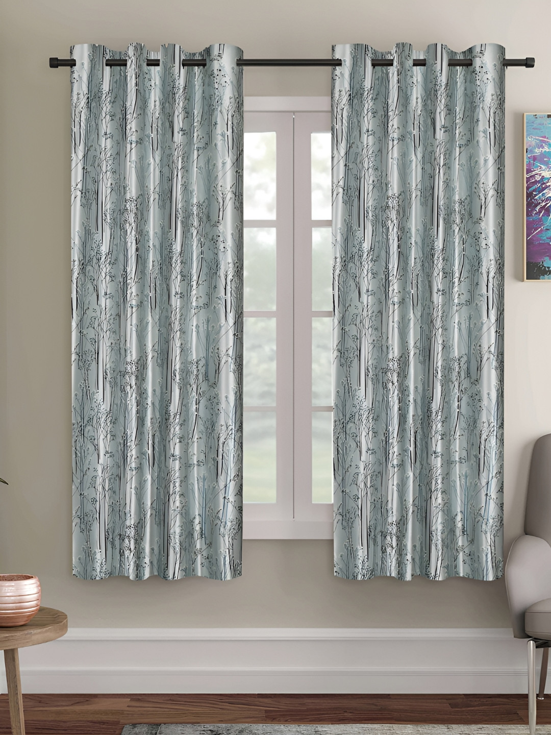 ERIC LONDON Blue & Black 2 Pieces Floral Printed Room Darkening Window Curtains
