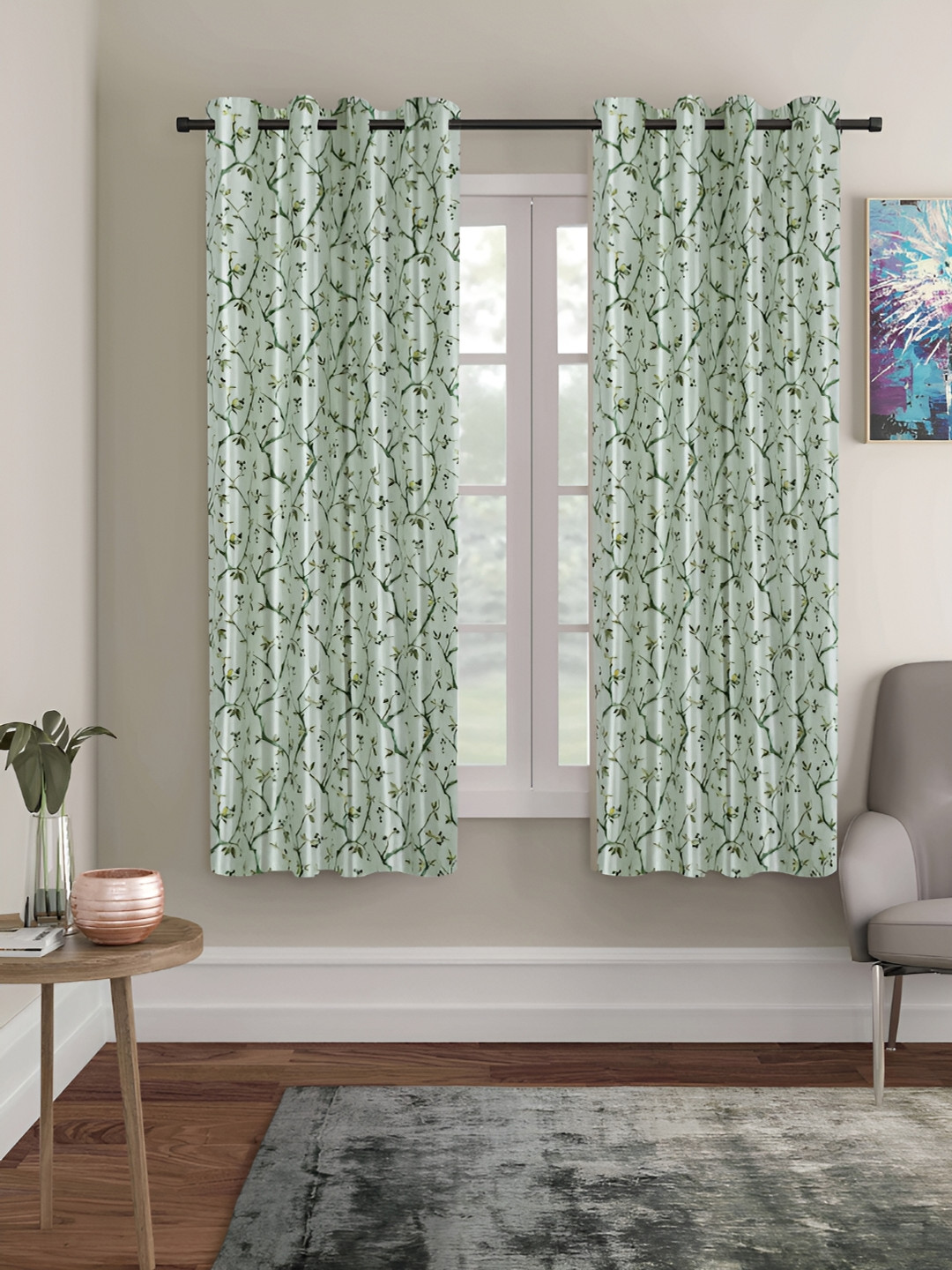 ERIC LONDON Green 2 Pieces Floral Printed Room Darkening Window Curtains