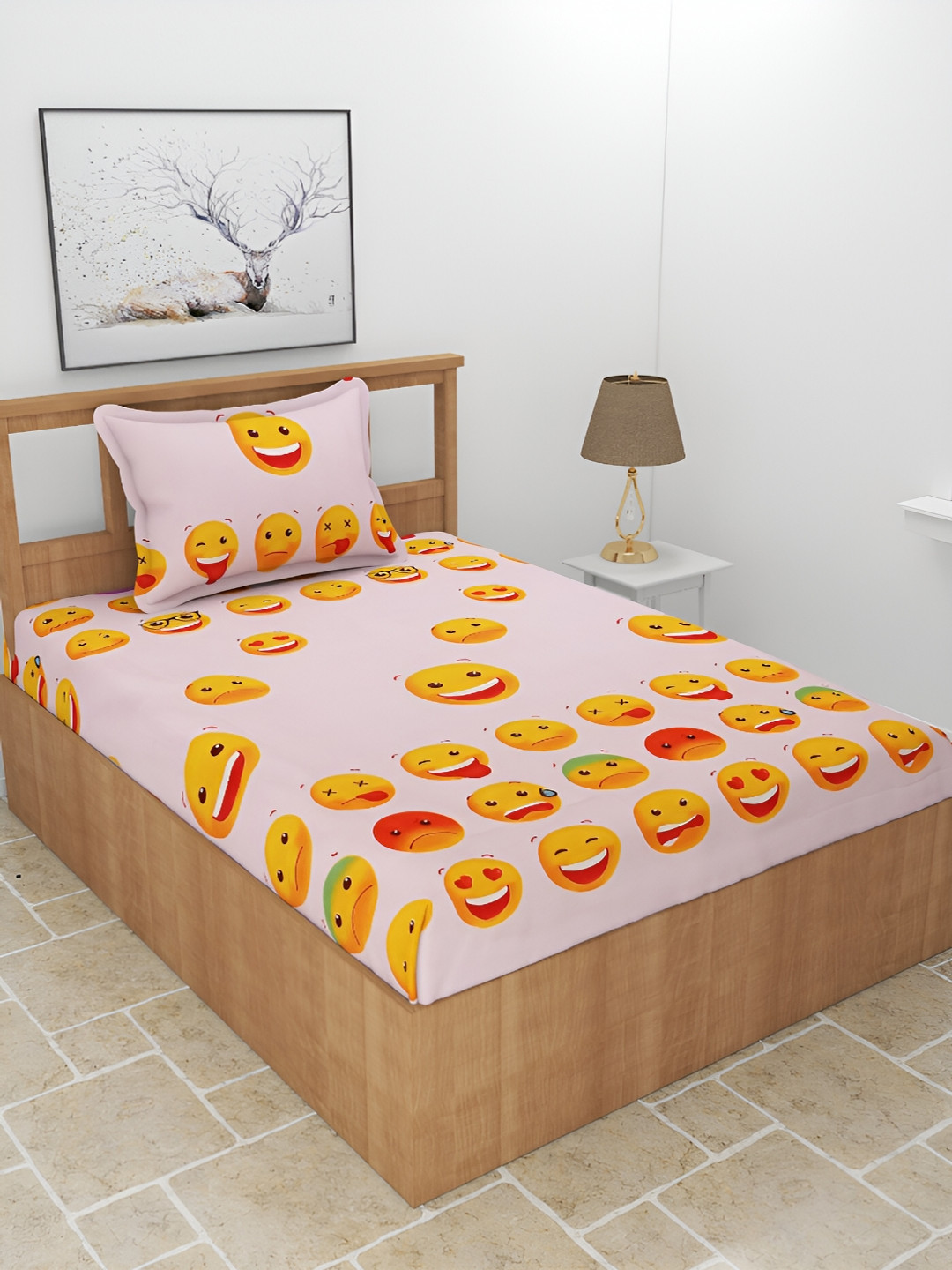 BREVARD Cashm Pink Conversational Polycotton 210 TC Single Fine Bedsheet with a Pillow Cover-90 x 60 inches