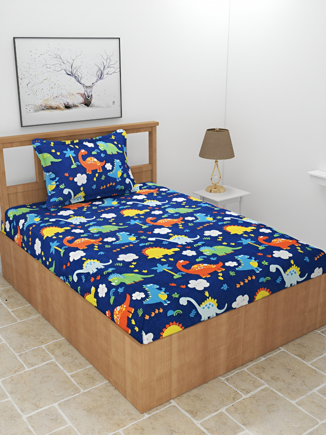BREVARD Blue Cartoon Characters Polycotton 210 TC Single Fine Bedsheet with a Pillow Cover-90 x 60 inches