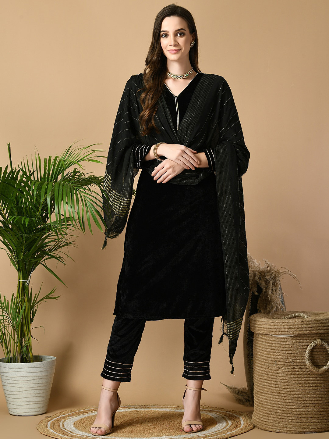 Sangria Black V-Neck Regular Velvet Kurta with Trousers & Dupatta