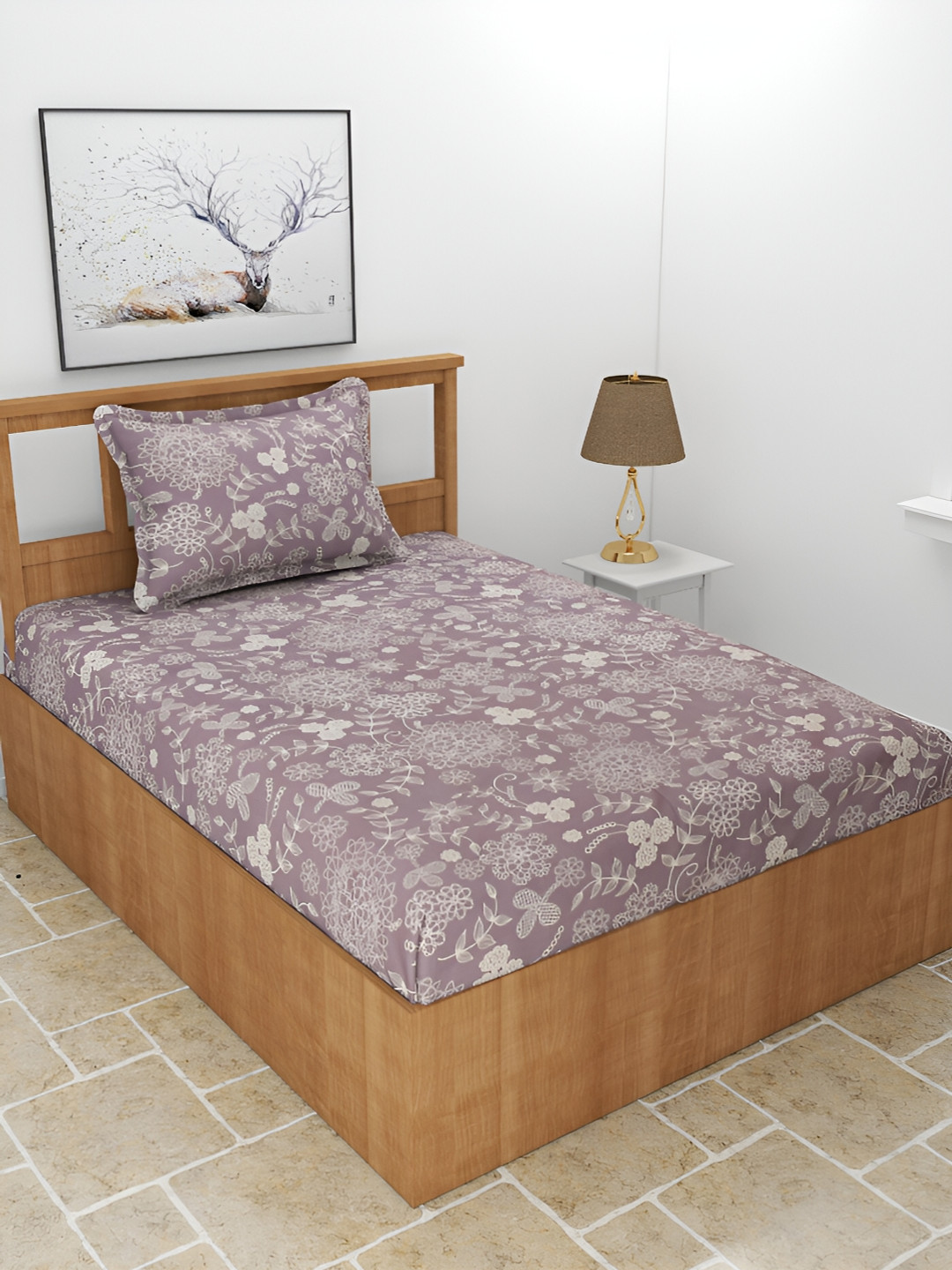 BREVARD Maple Purple Floral Polycotton Anti-Microbial 210 TC Single Fine Bedsheet with a Pillow Cover-90 x 60 inches