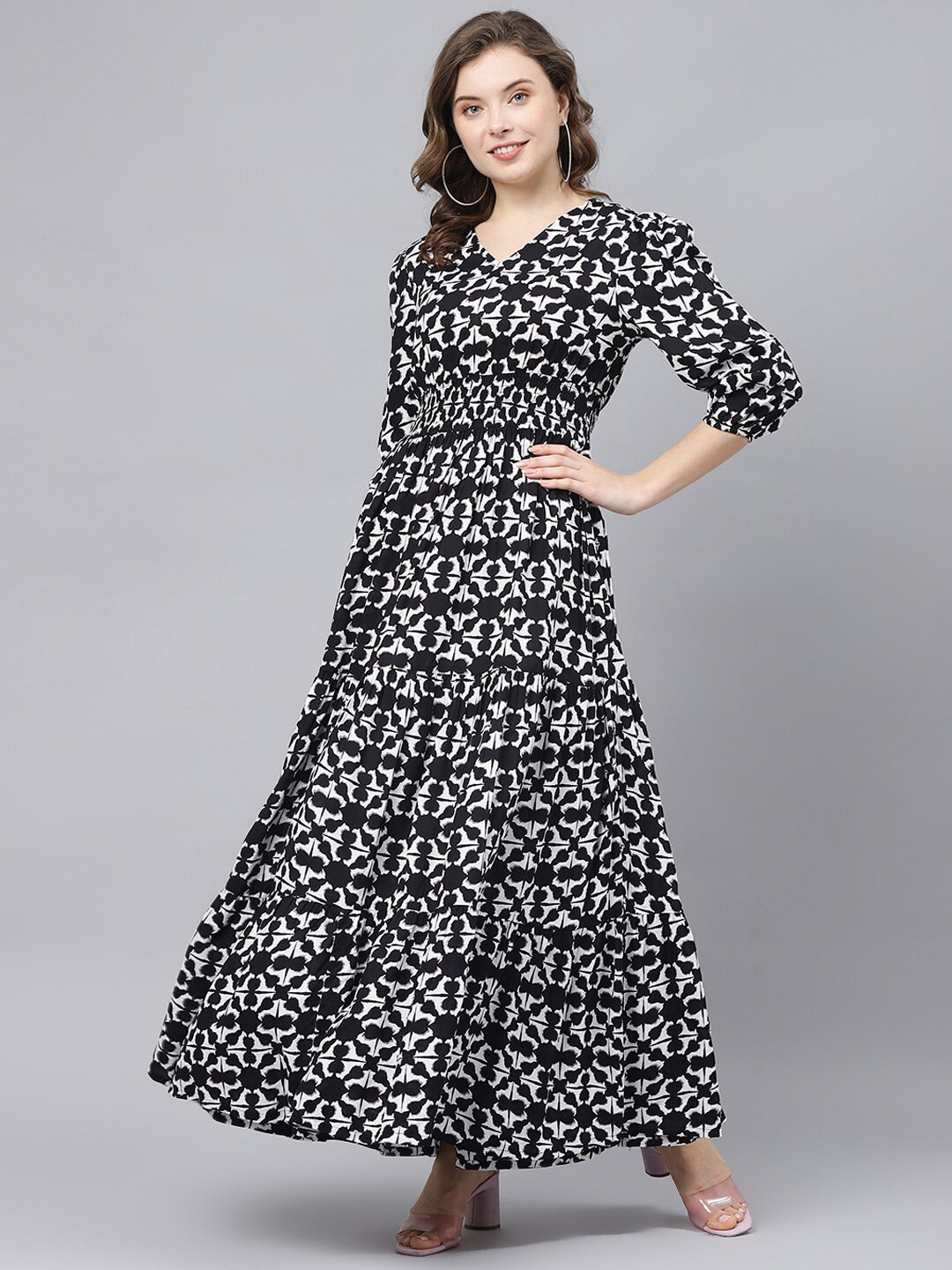 DEEBACO Women Geometric Print V-Neck Viscose Rayon Maxi Dress