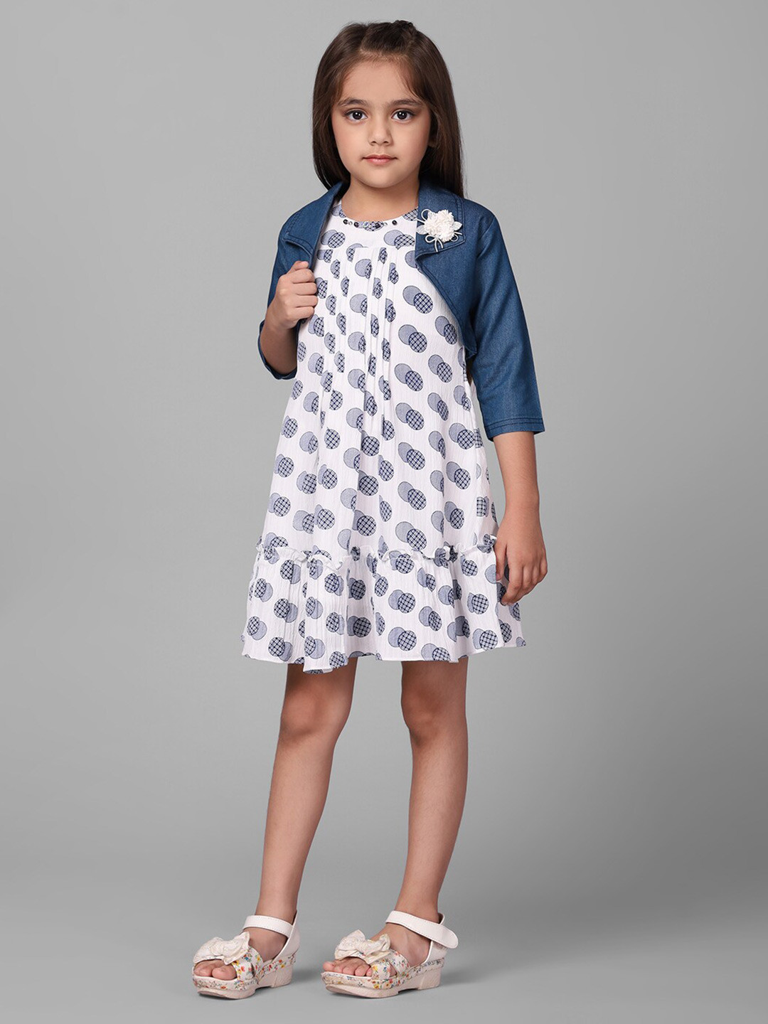 Macwin Girls Polka Dot Printed Crepe A-Line Dress with Denim Jacket