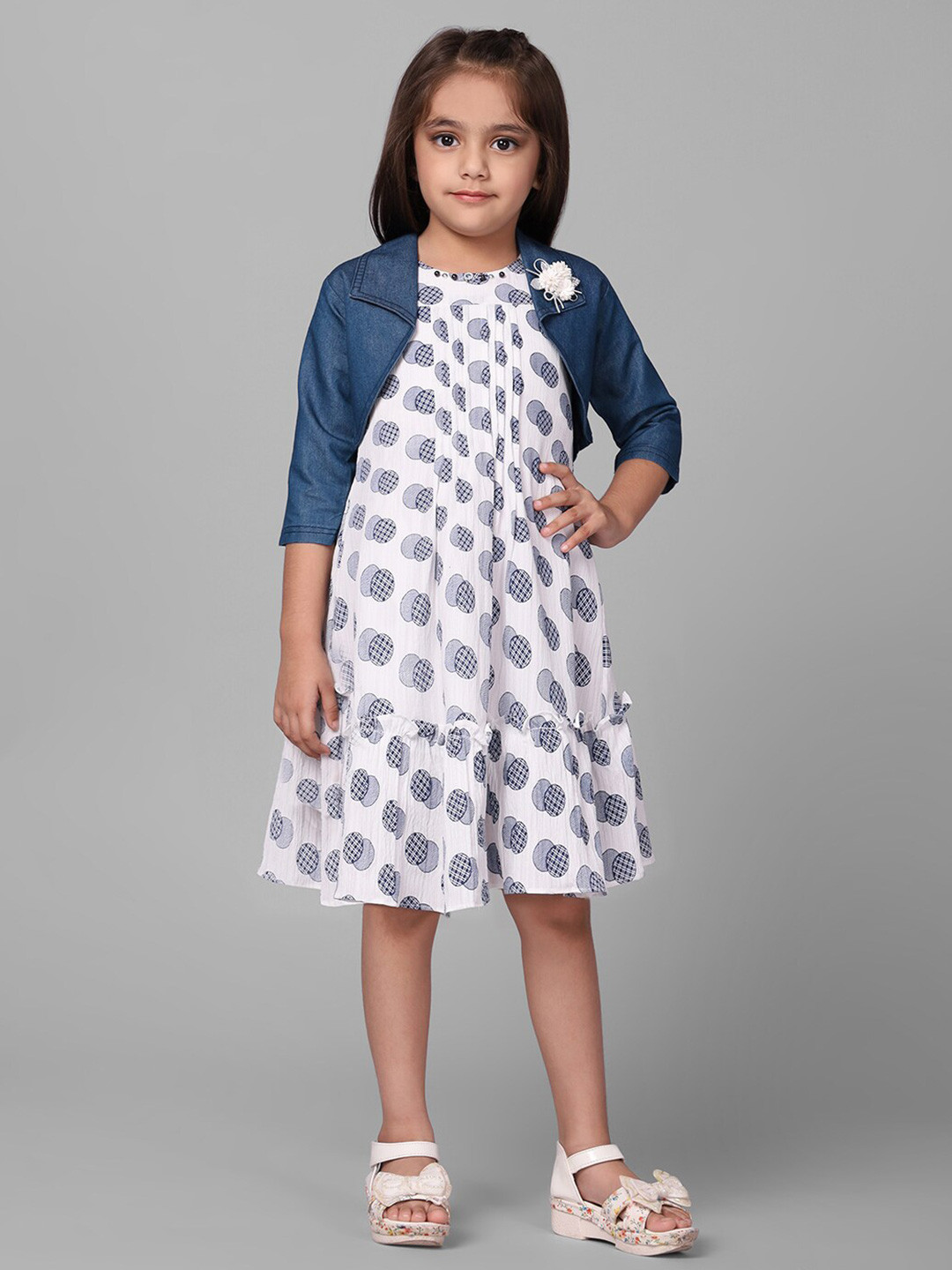 Macwin Girls Geometric Printed A-Line Crepe Dress With Jacket