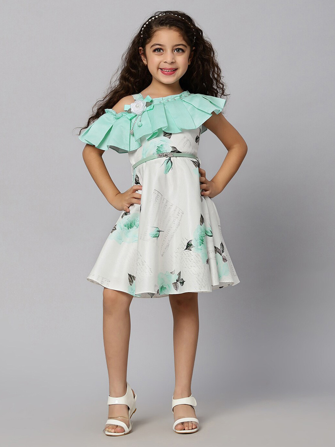 Macwin Girls Floral Printed One Shoulder Cold-Shoulder Sleeves Pleated Satin A-Line Dress