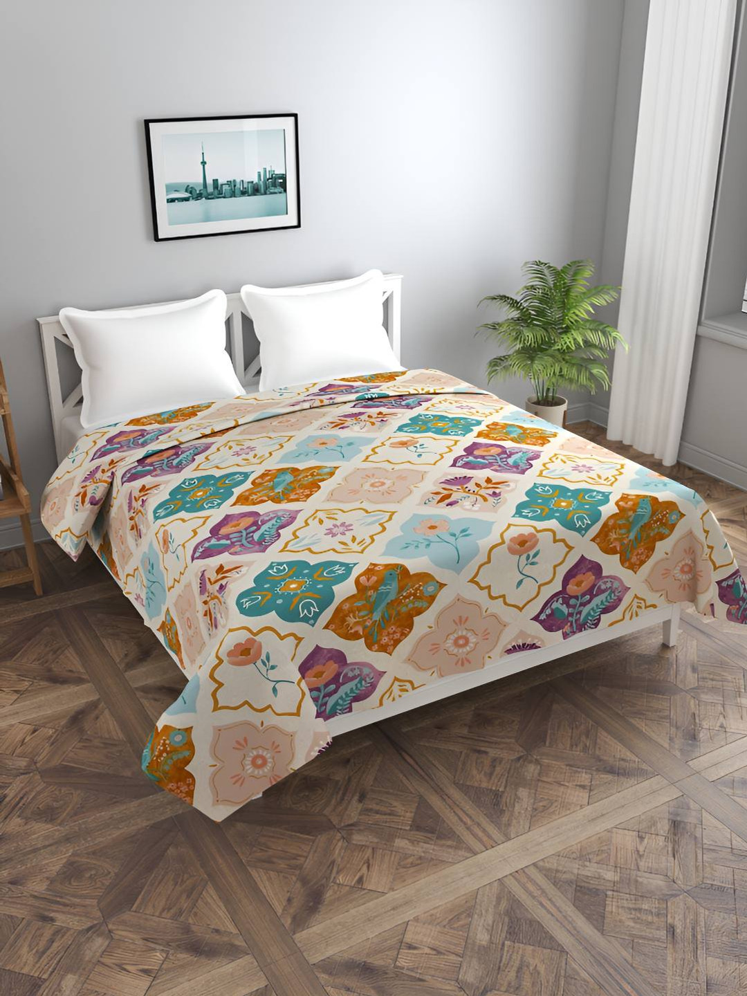 BREVARD Cream Coloured & Blue Printed Double Queen Bed Duvet Cover