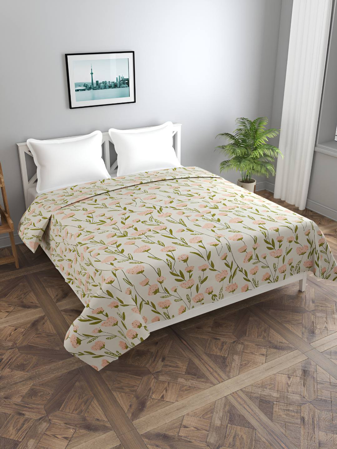 BREVARD Off White & Green Floral Printed Duvet Cover