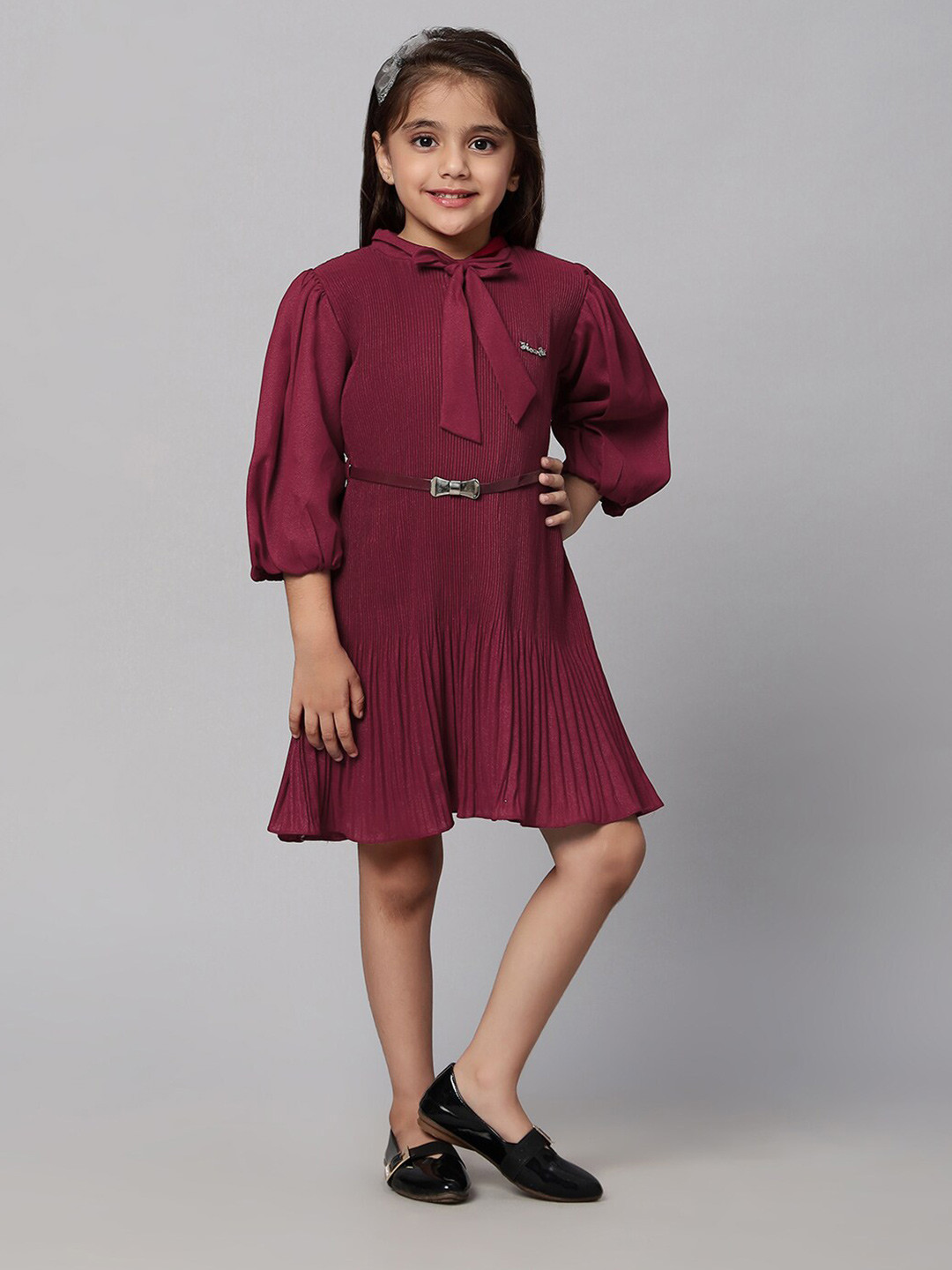 Macwin Self Design Tie Up Neck Chiffon A-Line Dress