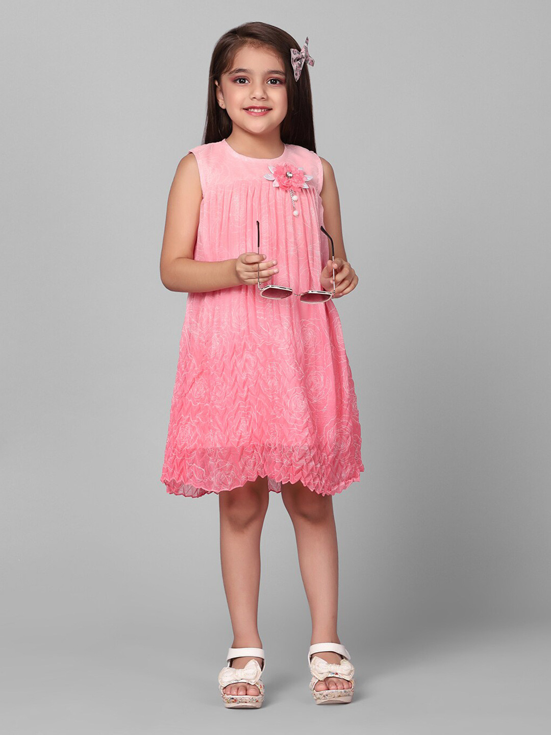 Macwin Floral Printed Sleeveless Pleated A-Line Dress