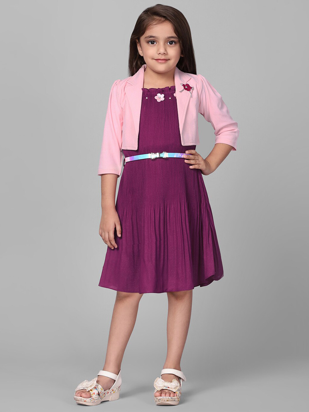 Macwin Girls Accordion Pleated Chiffon A-Line Dress With Jacket