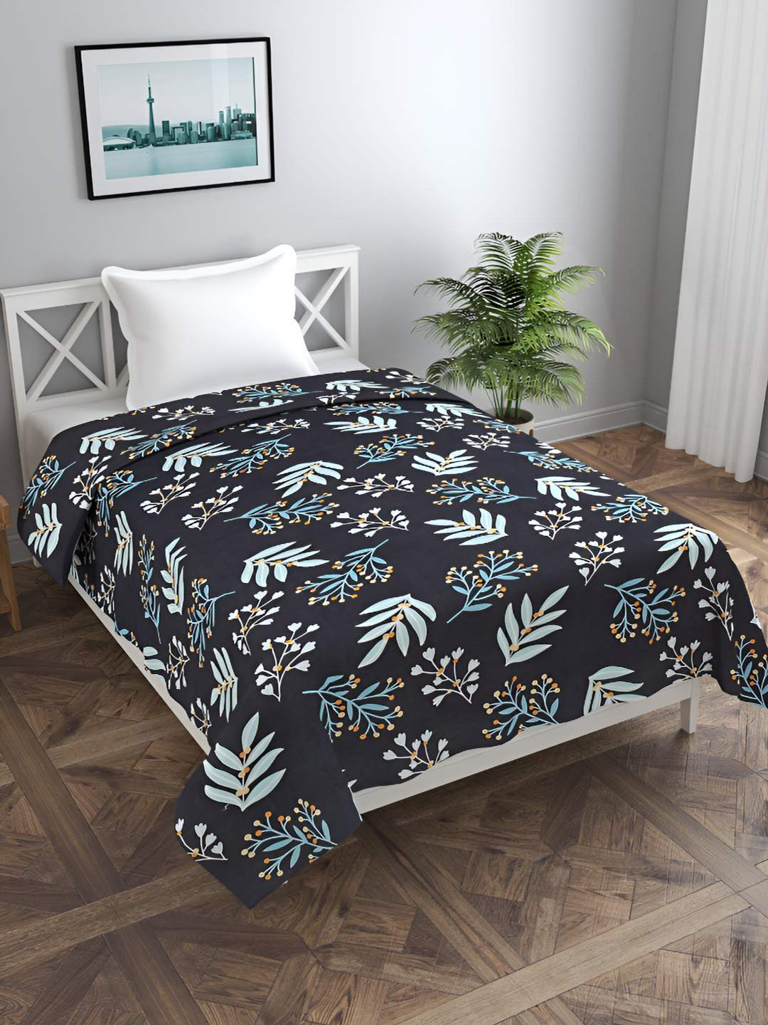 BREVARD Navy Blue & Blue Floral Printed Single Bed Duvet Cover