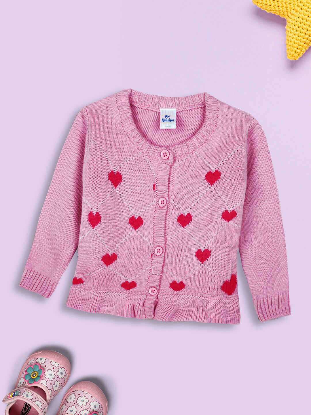V-Mart Infant Girls Heart Shaped Self Design Acrylic Cardigan