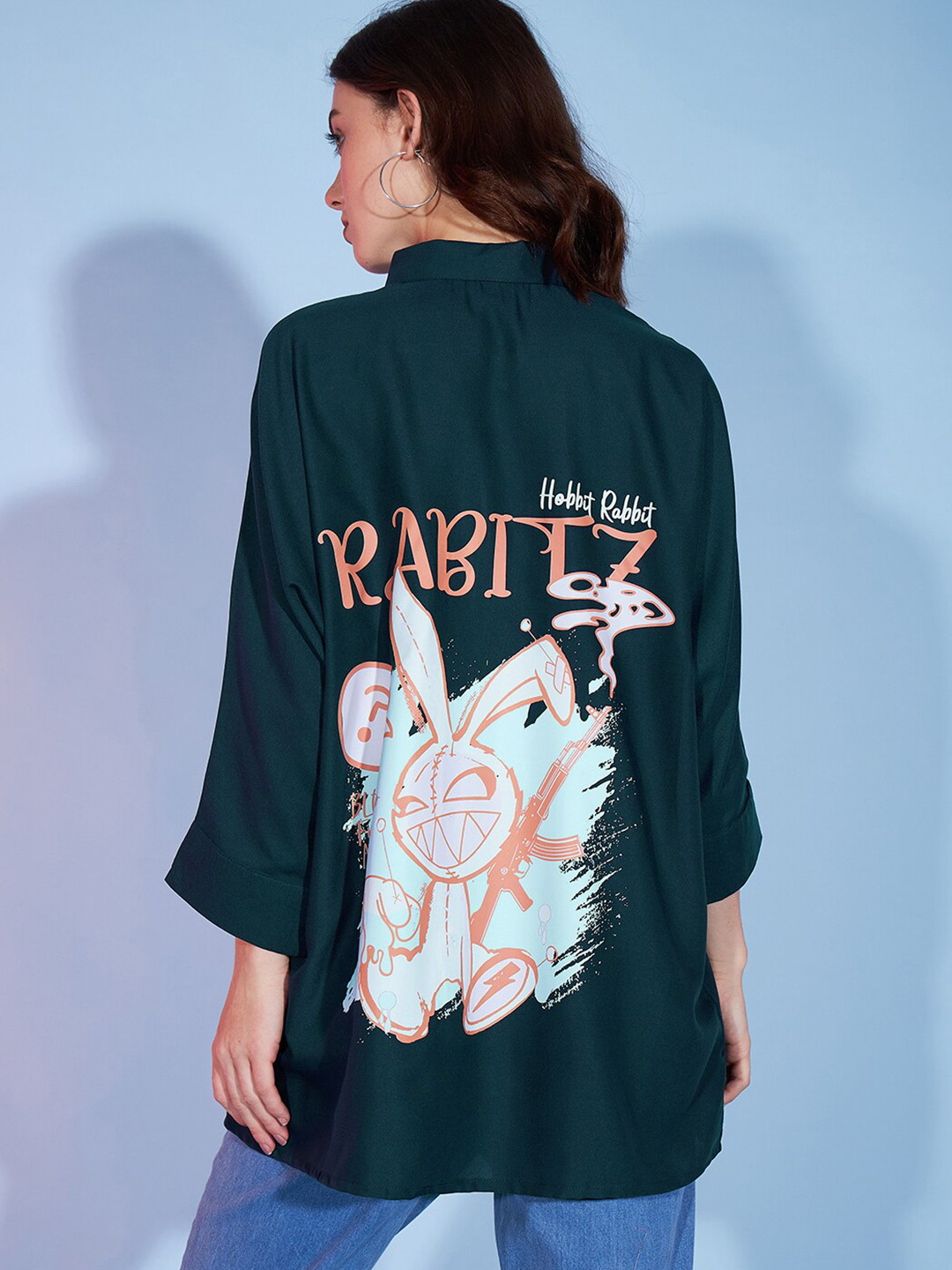 DressBerry Teal Blue Typography Printed Shirt Collar Longline Oversized Casual Shirt
