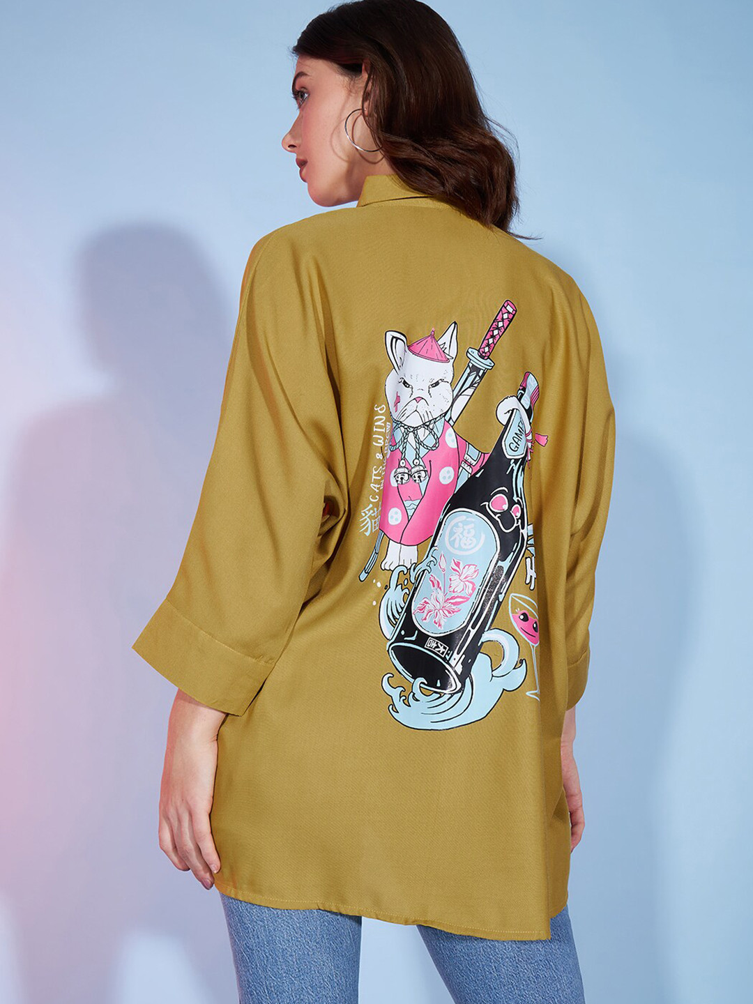 DressBerry Mustard Yellow Graphic Printed Shirt Collar Longline Oversized Casual Shirt