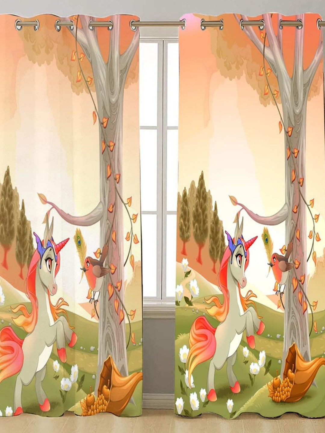 THEYAYACAFE Orange & Green Printed Velvet Black Out Long Door Curtain