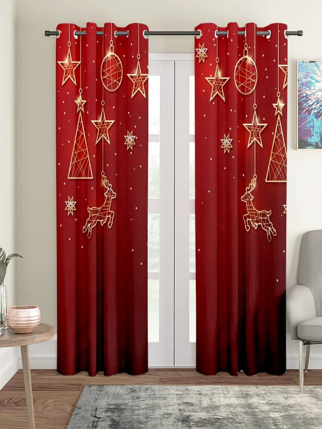 THEYAYACAFE Red & Gold Toned Self Design Velvet Black Out Long Door Curtain