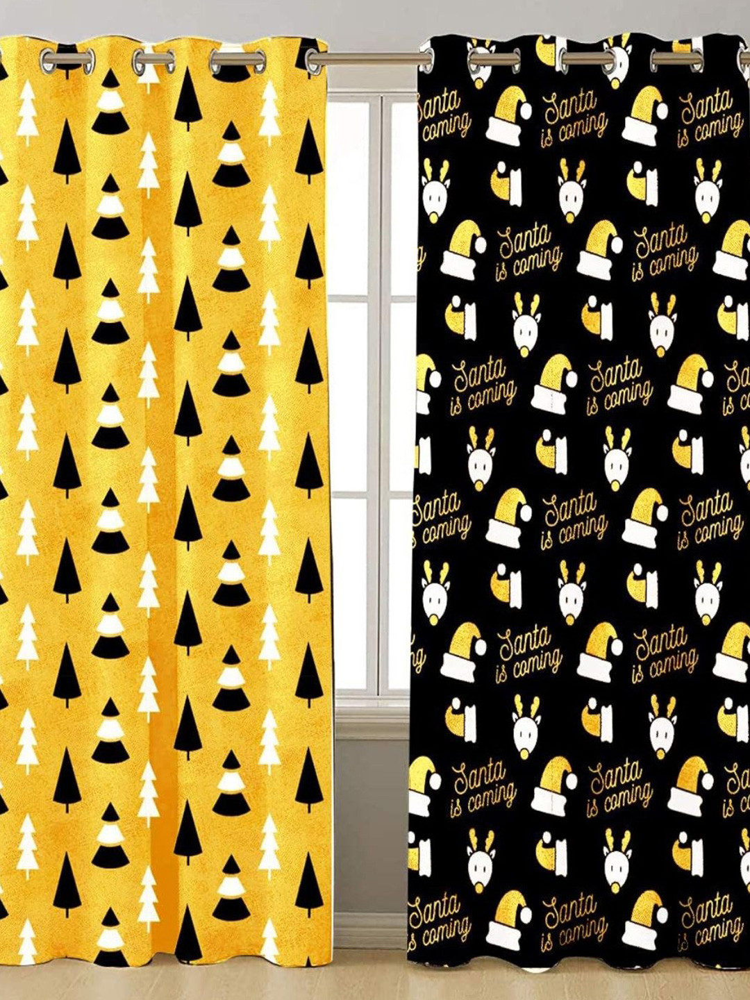 THEYAYACAFE Yellow & Black 2 Pieces Printed Velvet Black Out Long Door Curtains