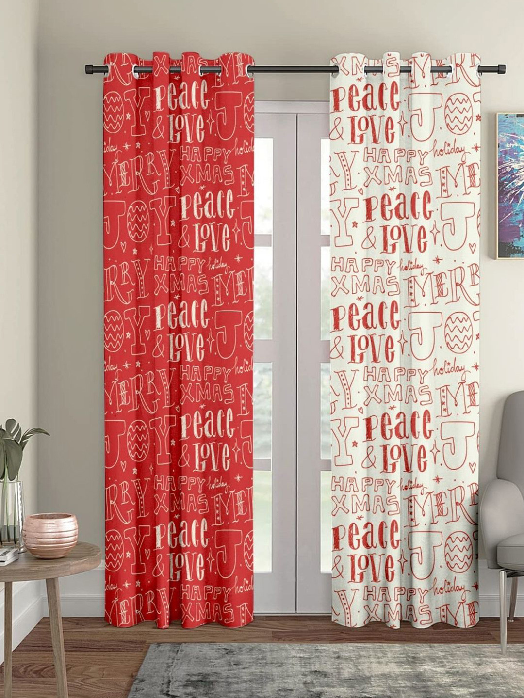 THEYAYACAFE Red & Off White 2 Pieces Self Design Velvet Black Out Long Door Curtains