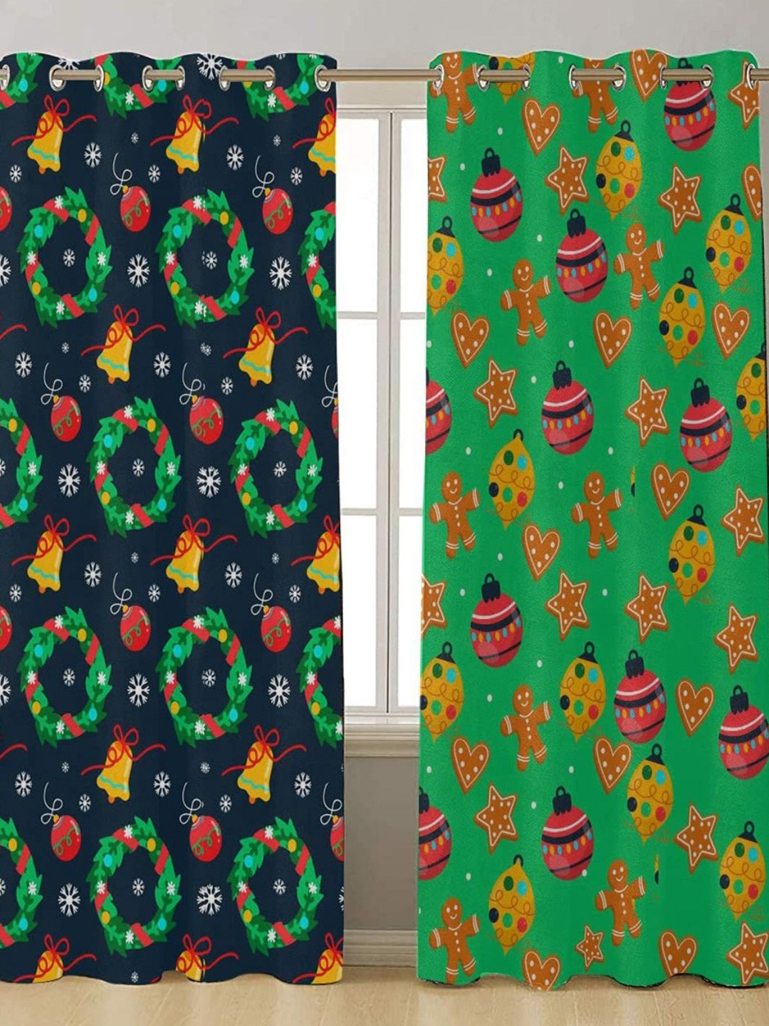 THEYAYACAFE Green 2 Pieces Printed Velvet Black Out Long Door Curtains