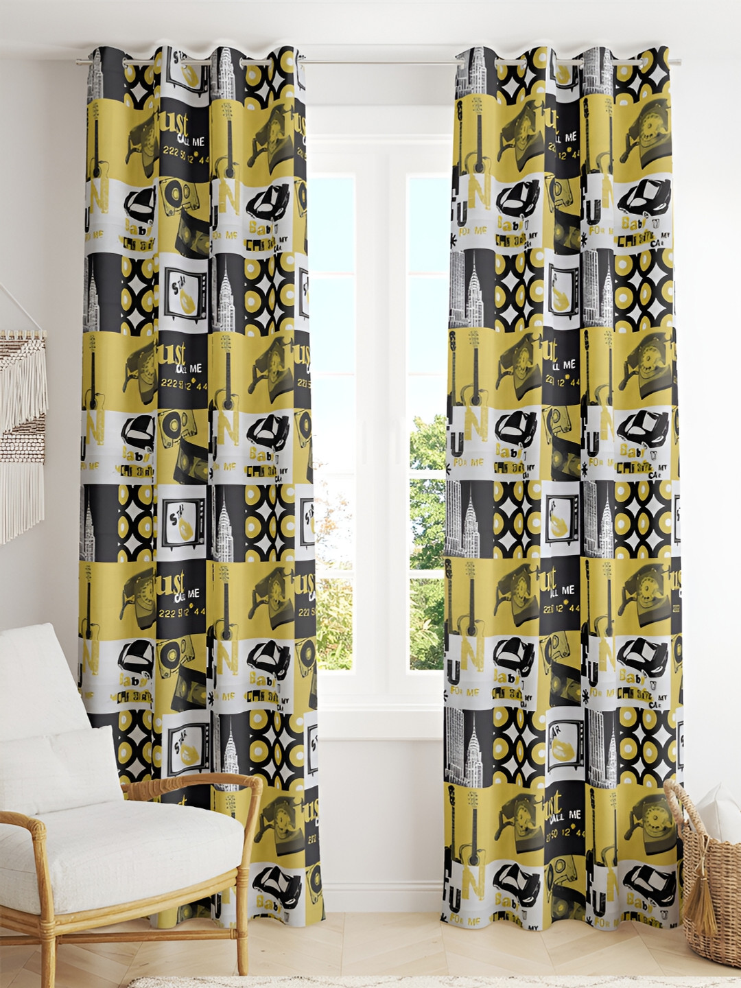 Tesmare Kids Yellow & White HD Quirky Printed Satin Long Door Curtain