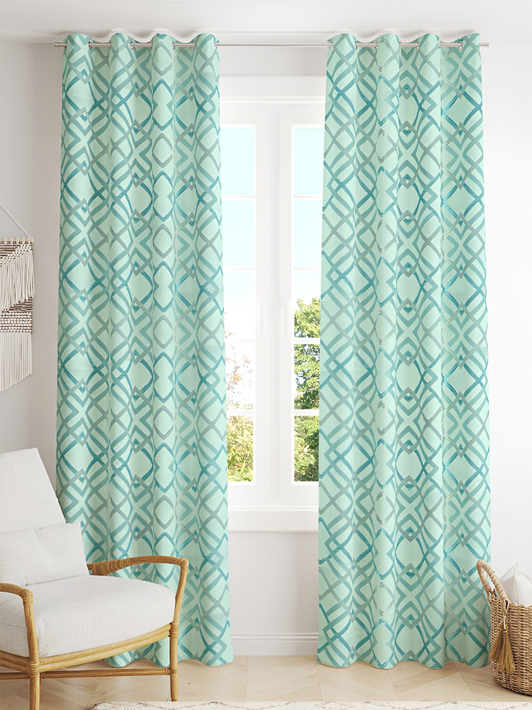 Tesmare Green & Blue Geometric Jacquard Printed Long Door Curtain