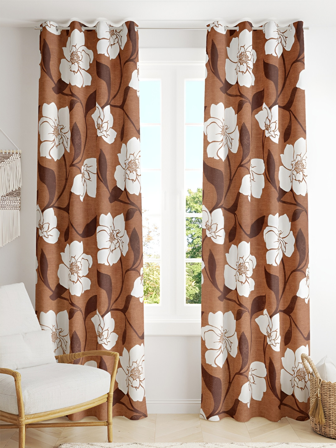 Tesmare Brown & Off White Floral Printed Satin Long Door Curtain