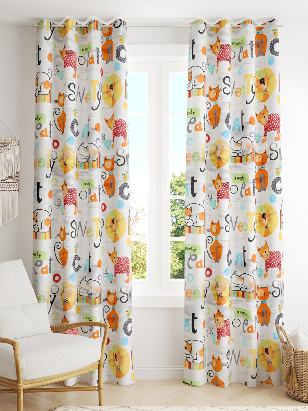 Tesmare White & Orange Quirky Printed Satin Long Door Curtain