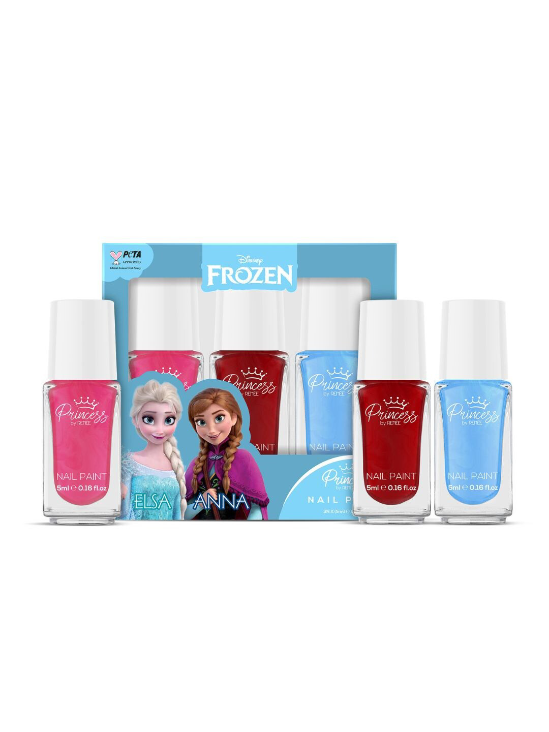 Renee Princess 3Pcs Disney Frozen Bubbles Nail Paint - 5ml Each- Elsa Pink-Blue & Anna Red