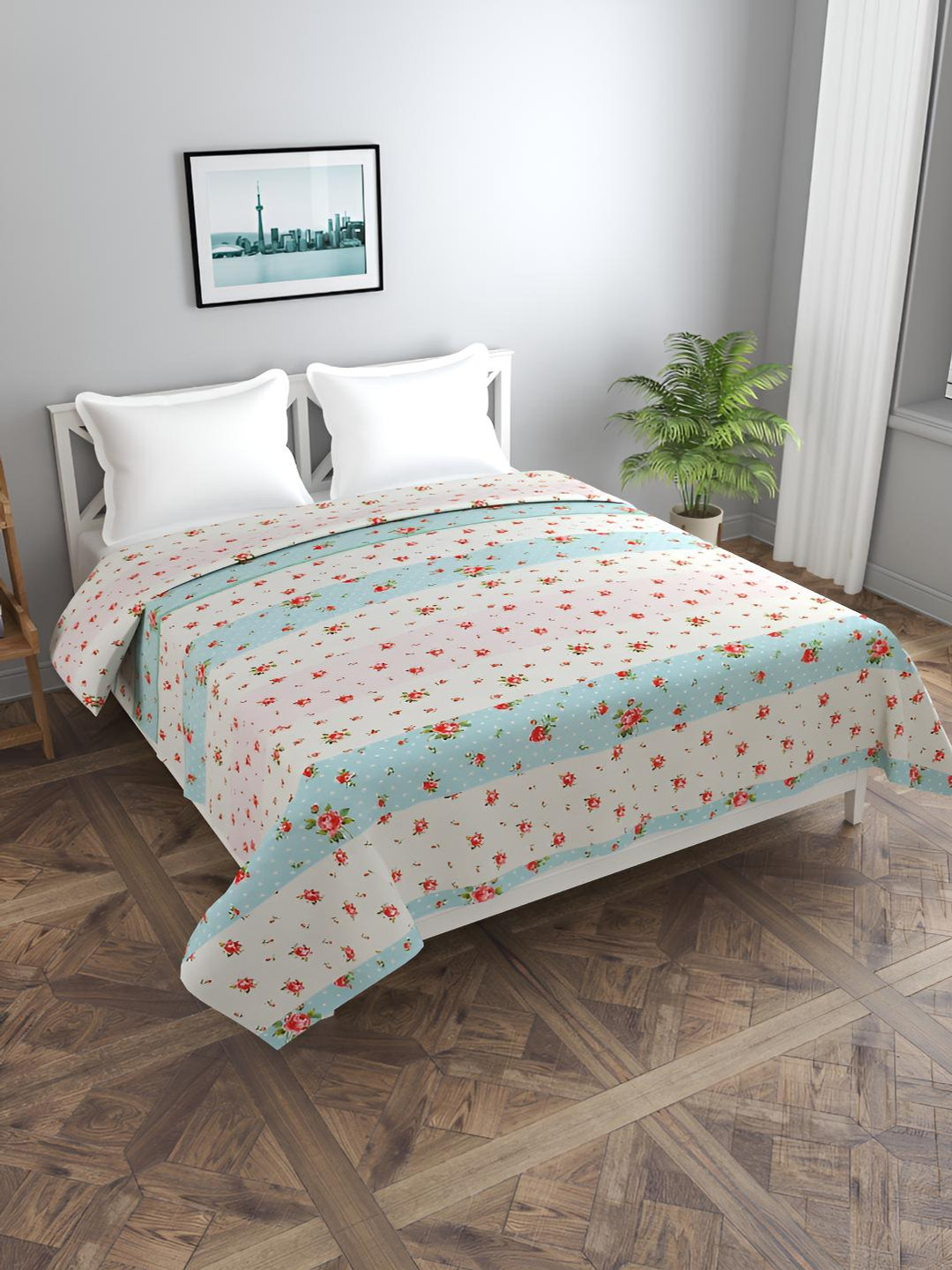 BREVARD White & Blue Floral Printed Double Queen Duvet Cover