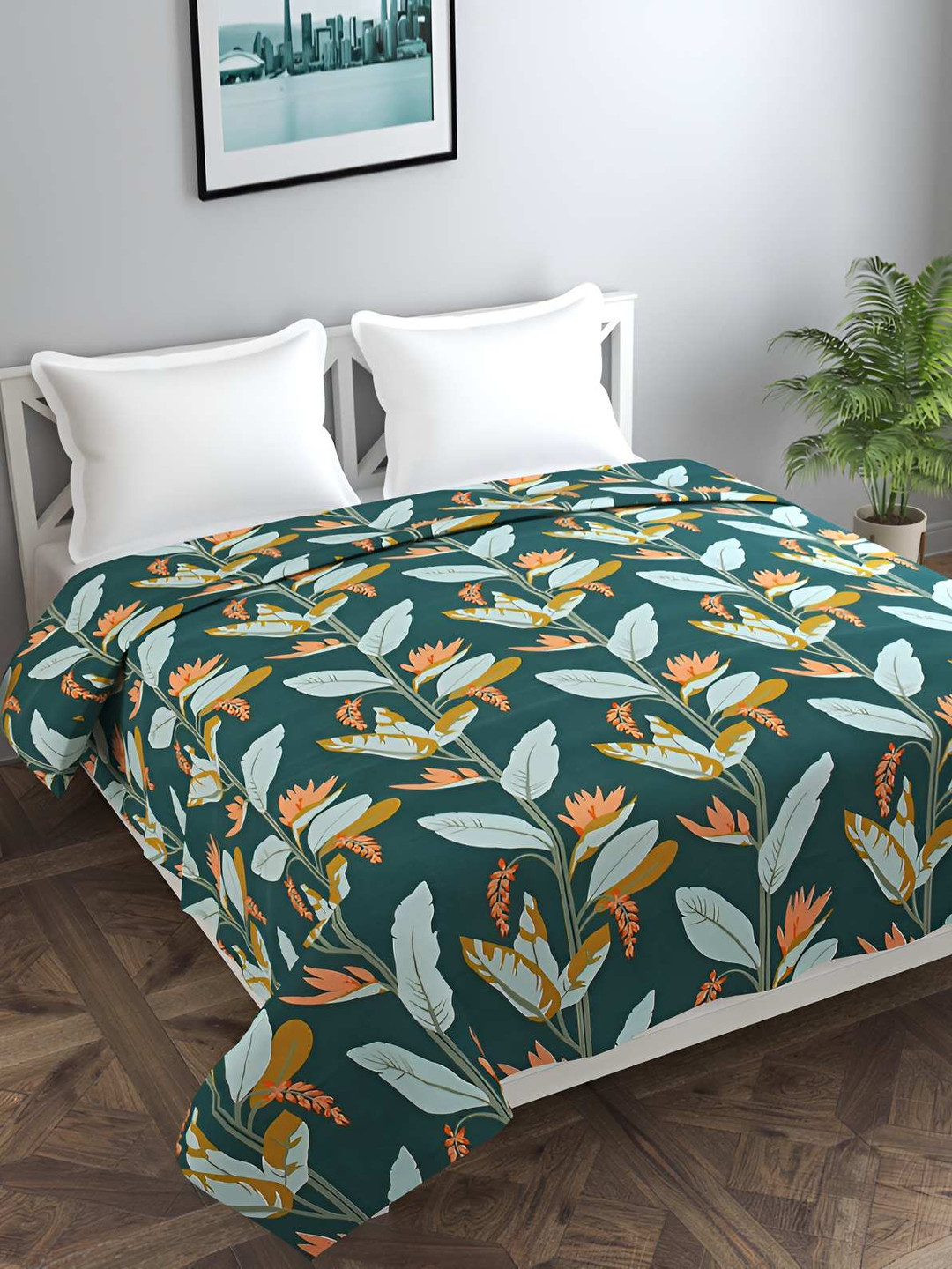 BREVARD Green & Orange Tropical Printed Double Duvet Cover