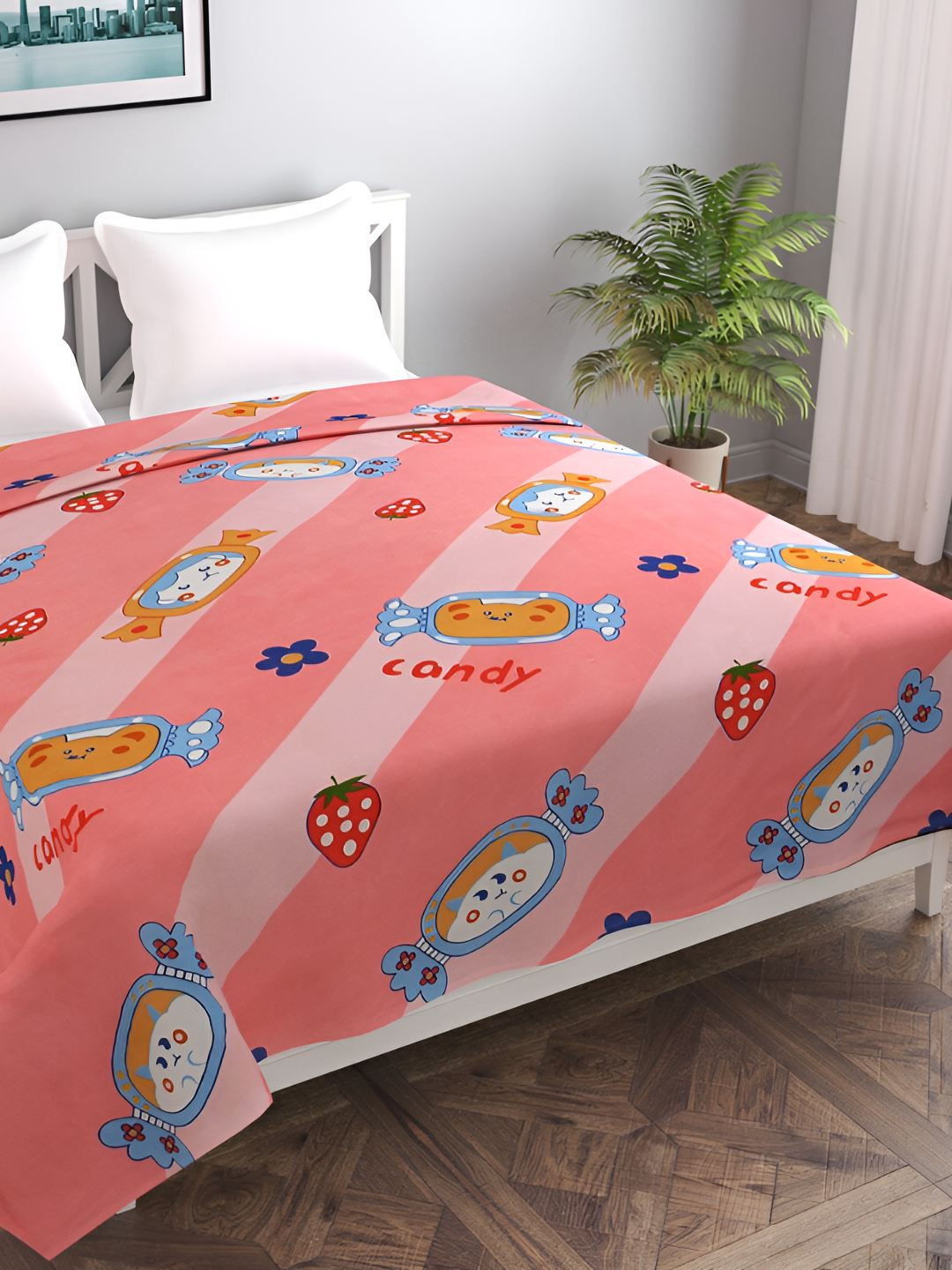 BREVARD Peach Coloured & Red  Printed Double Queen Bed Duvet Cover