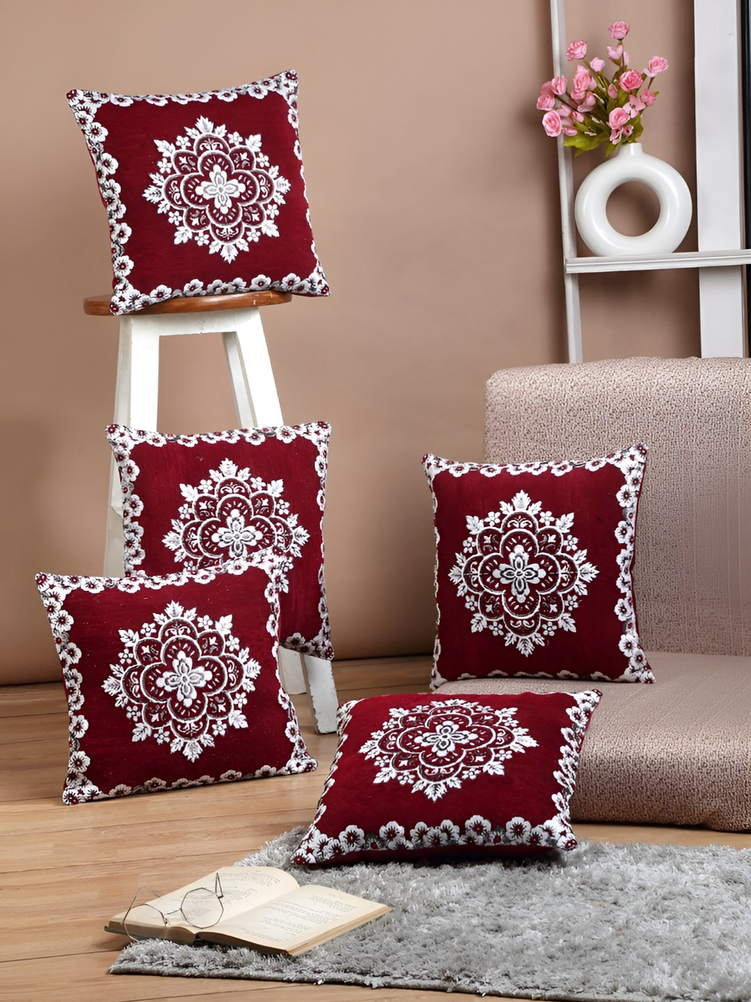 ERIC LONDON Maroon Floral Polyester Durable 5 Pcs Textured Cushion Covers - 16 x 16 Inches