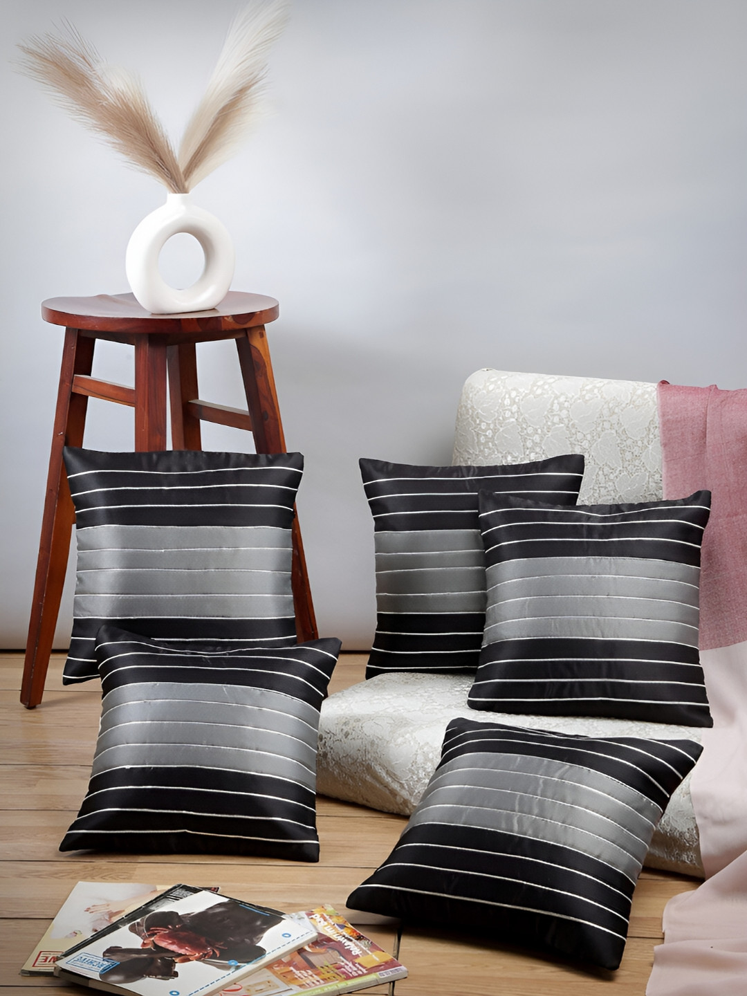 ERIC LONDON Black & Grey 5 Pieces Striped Square Cushion Covers