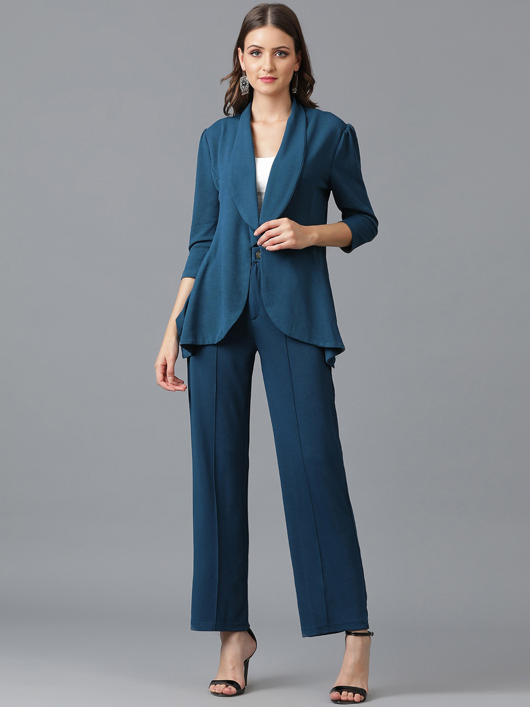 KOTTY BIZwear Green Shawl Neck Coat With Trousers