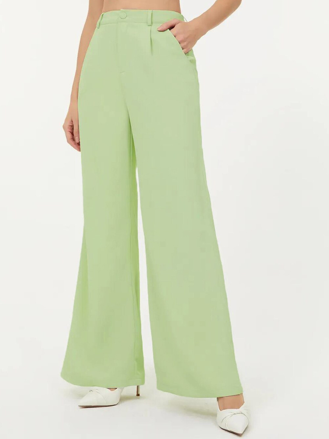 KOTTY BIZwear Women Solid Green Shirt Collar Blazer & Flared Trouser Co-Ords