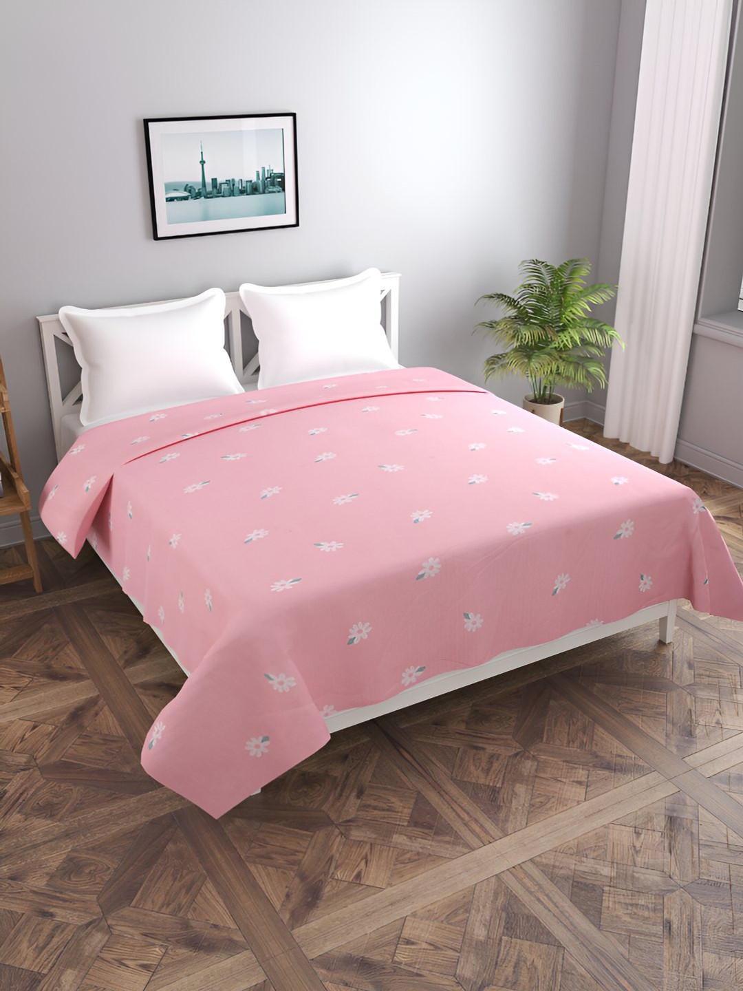 BREVARD Pink & White Floral Printed Double Duvet Cover