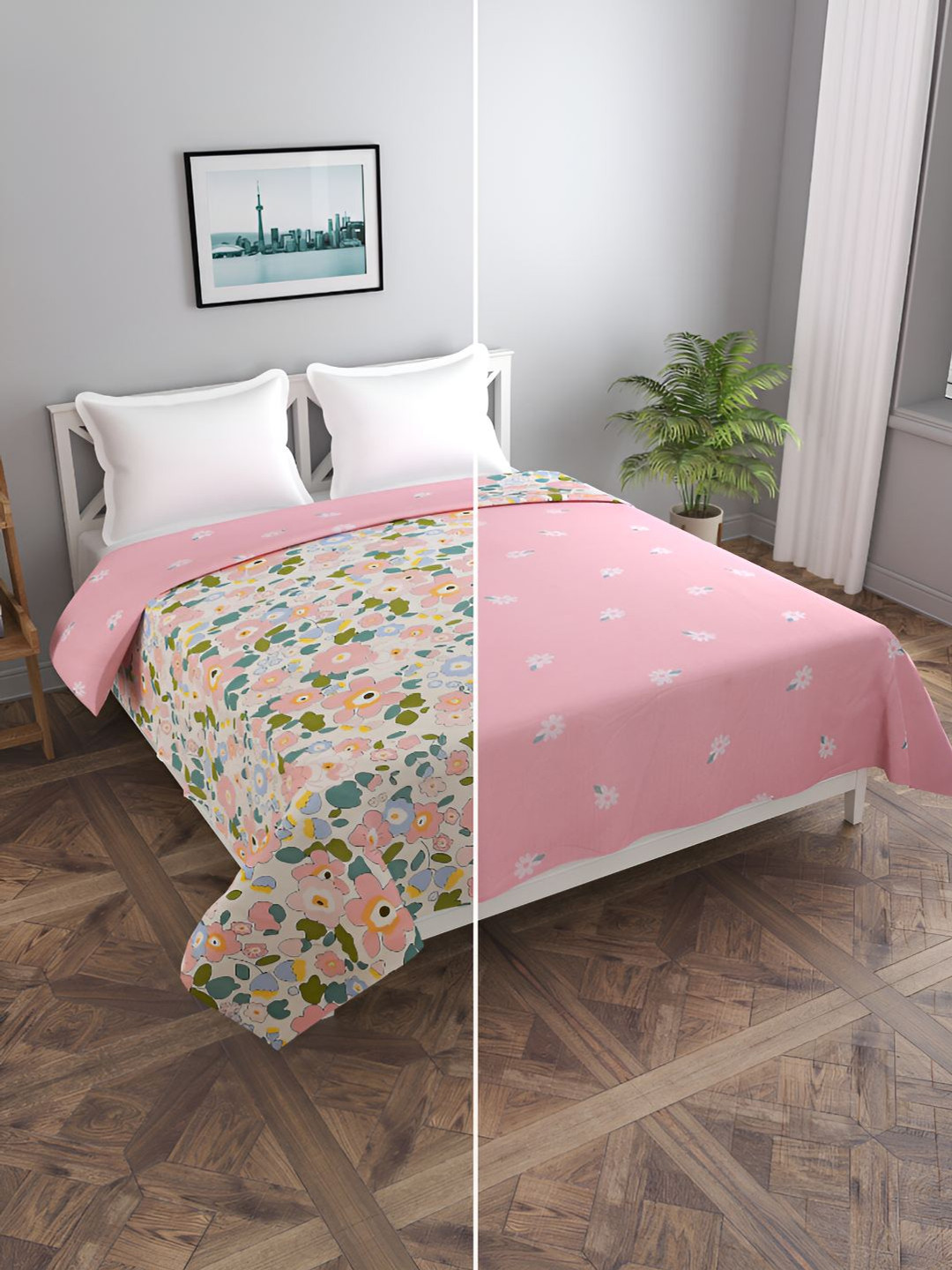 BREVARD Pink & White Printed Reversible Double Queen Duvet Cover