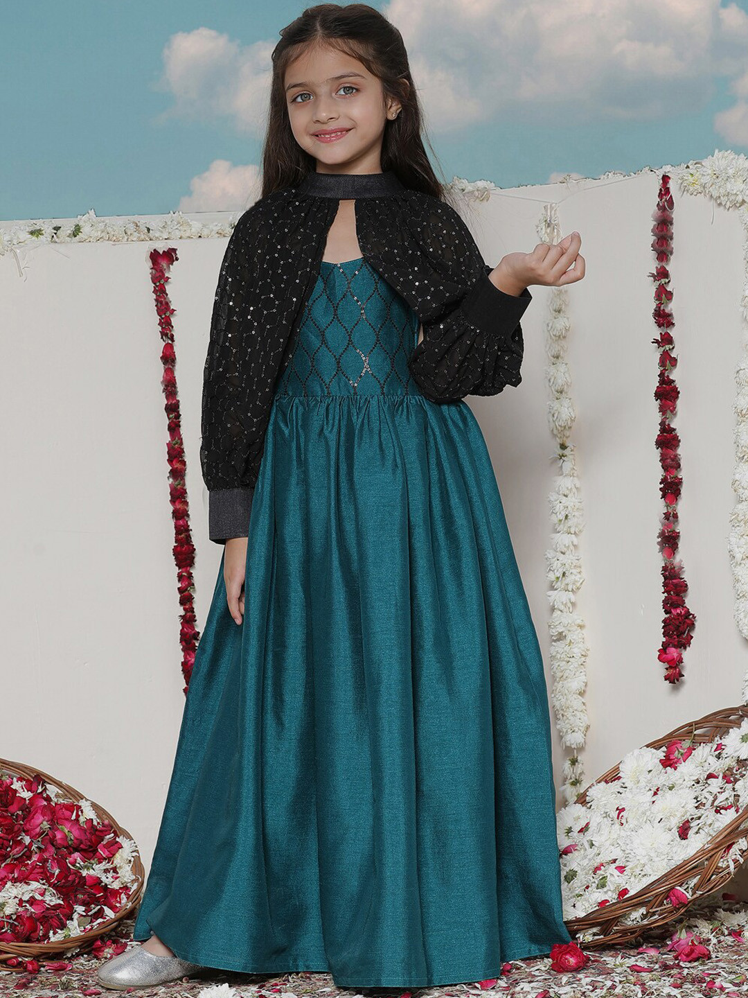 VASTRAMAY Girls Embellished Bishop Sleeves Silk Pleated Maxi Ethnic Dress