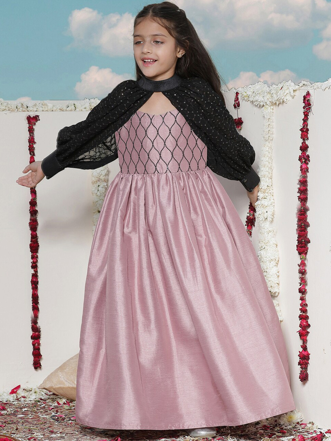 VASTRAMAY Girls Embellished Bishop Sleeves Silk Pleated Maxi Ethnic Dress