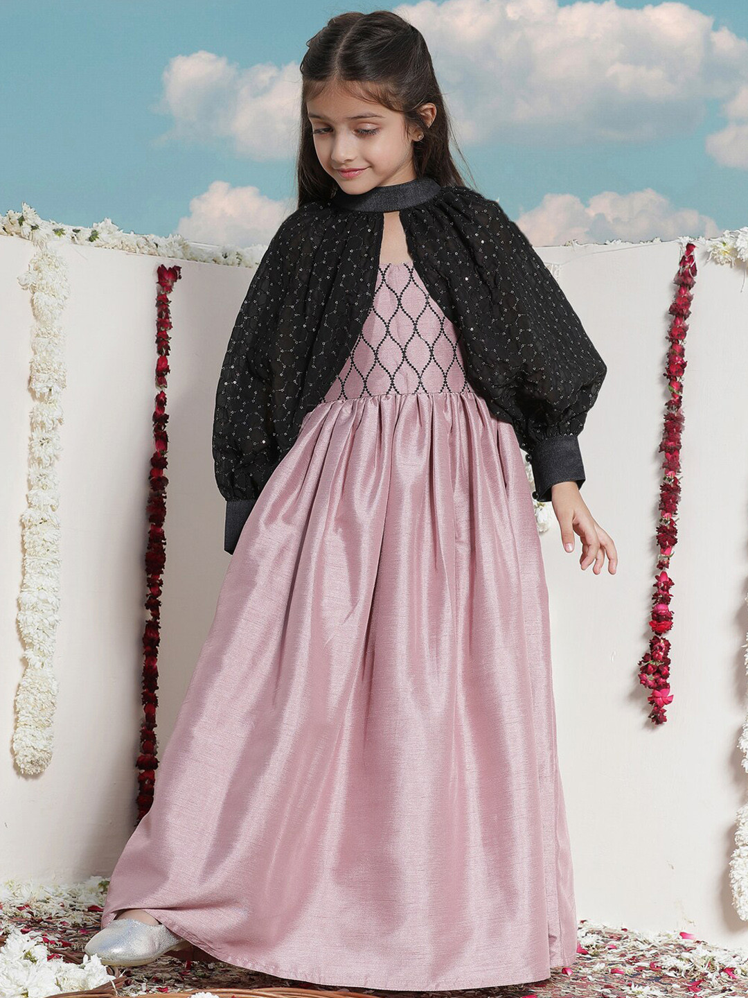 VASTRAMAY Girls Embellished Bishop Sleeves Silk Pleated Maxi Ethnic Dress