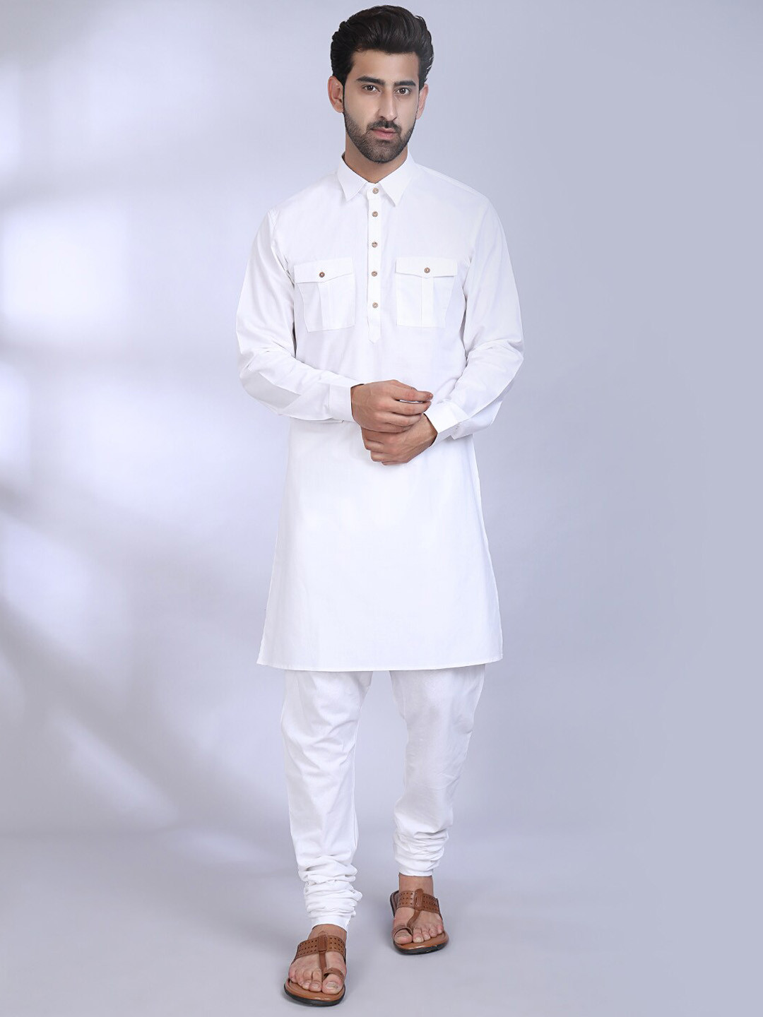 MIDAV Shirt Collar Cuffed Sleeve White Romance Fusion Pathani Cotton Kurta