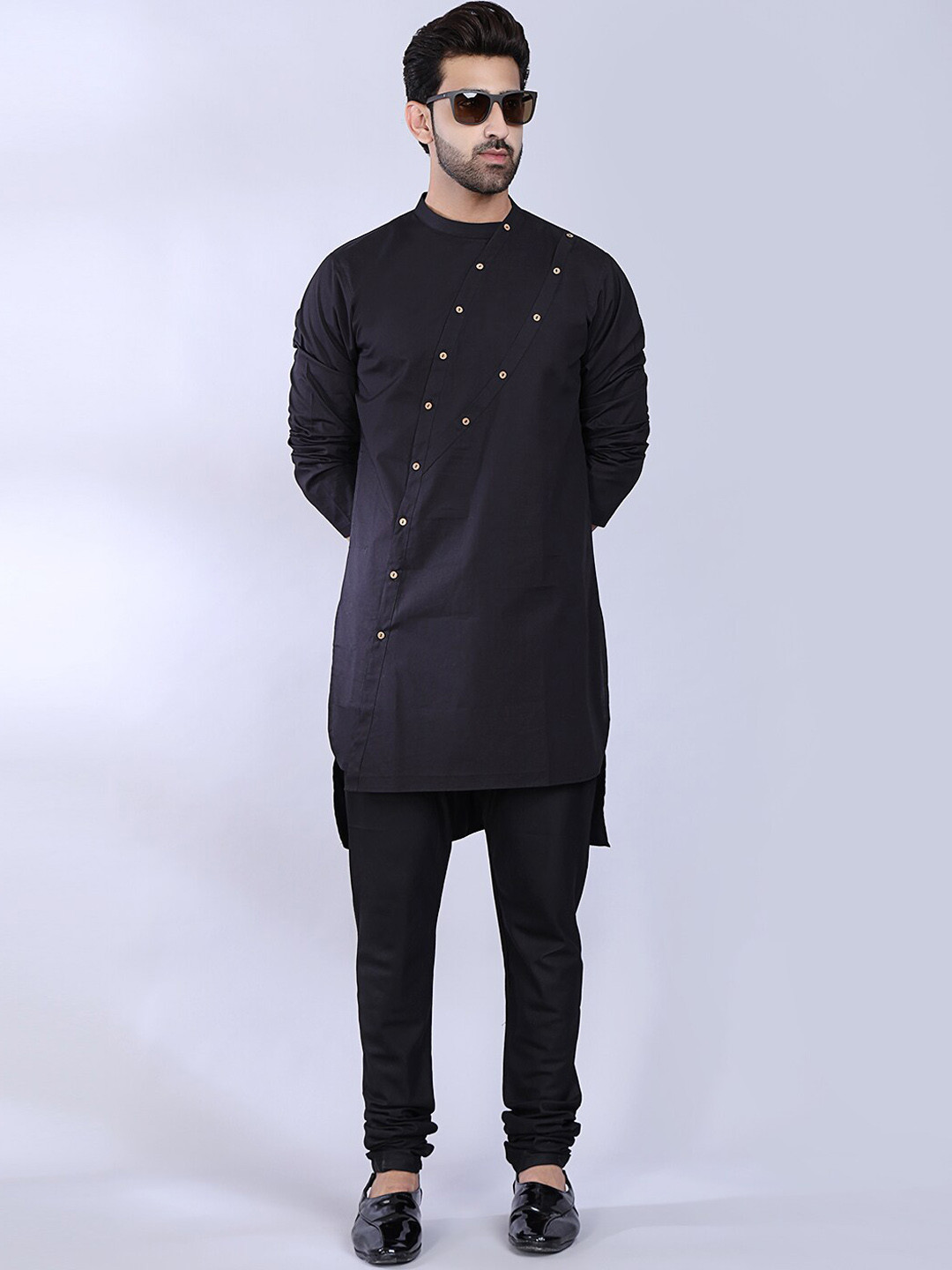 MIDAV Mandarin Collar Double Placket High Low Cotton Straight Kurta