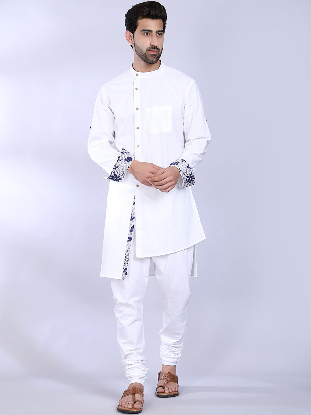 MIDAV Band Collar Roll Up Sleeve Angrakha Asymmetric Fusion Straight Cotton Kurta