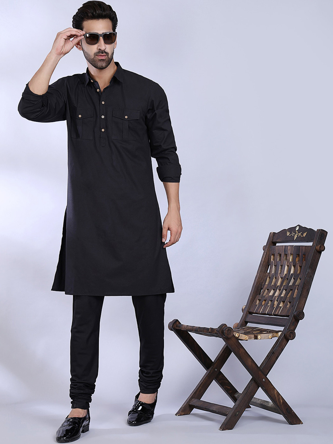 MIDAV Shirt Collar Double Pocket Cotton Pathani Kurta