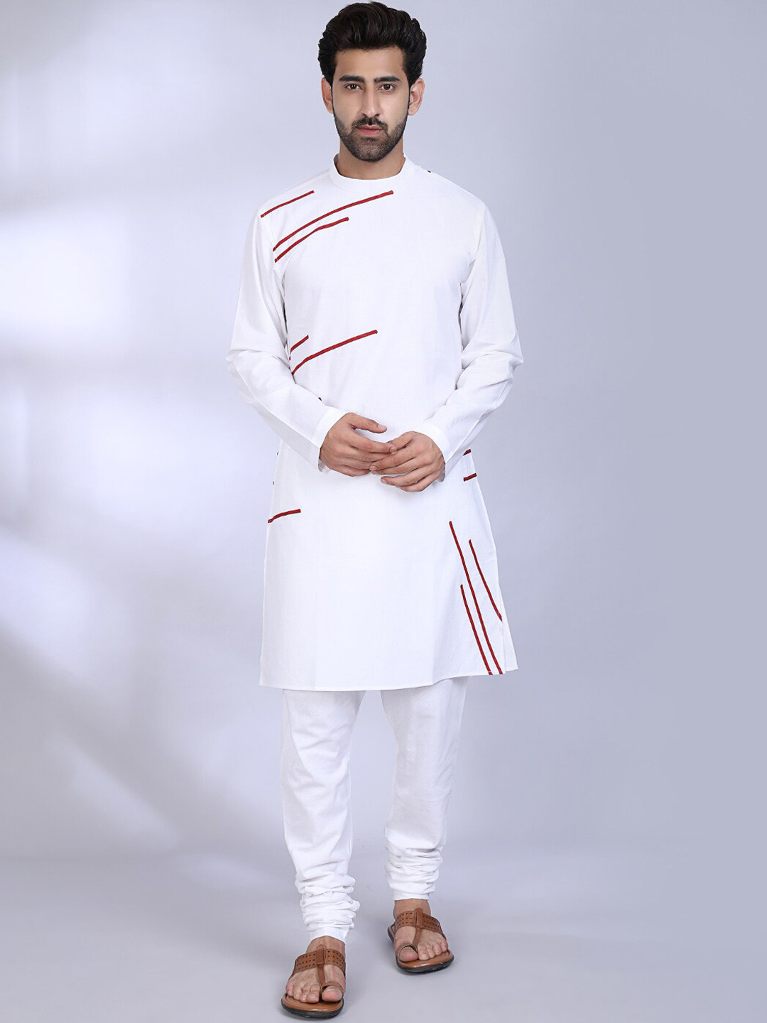 MIDAV Abstract Printed Mandarin Collar White Romance Straight Cotton Kurta