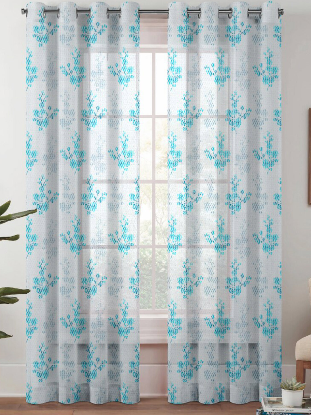 Urban Magic Blue Floral Sheer Window Curtain